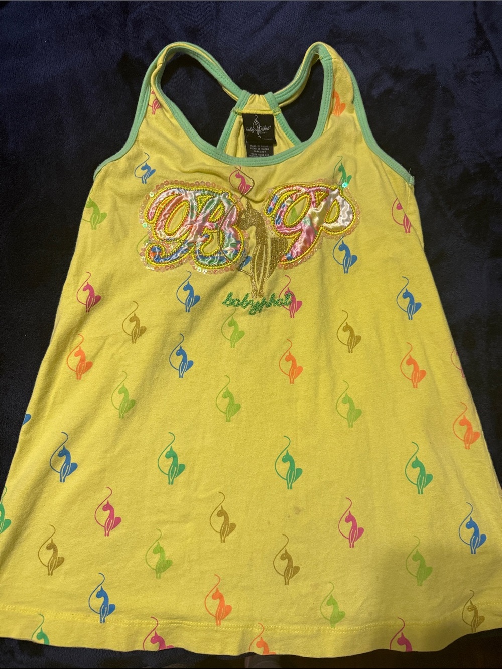 VINTAGE baby phat Yellow Embellished Girls Tank Shirt with Multicolor Print